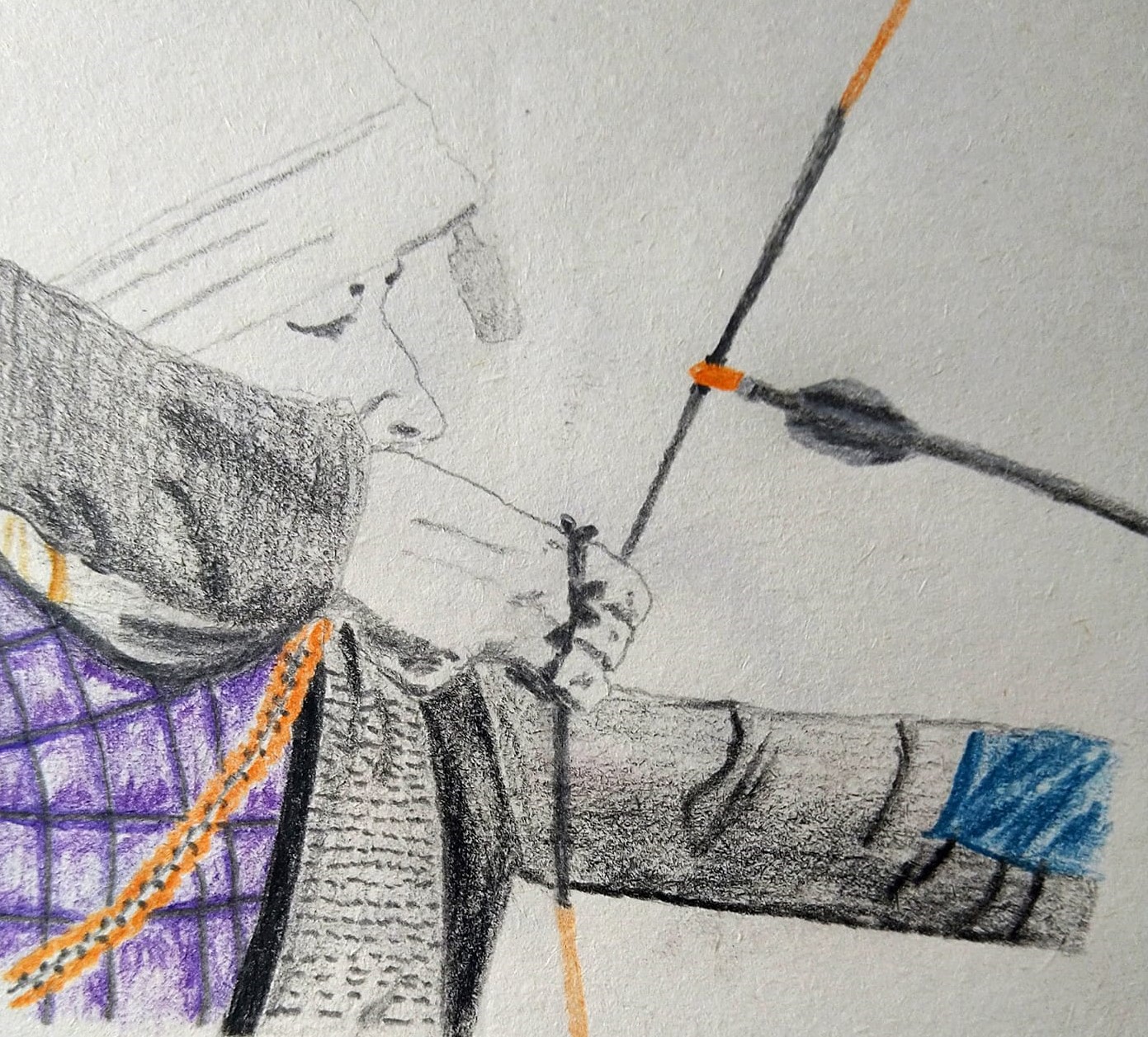 Colour drawing of an barebow archer in the process of drawing an arrow