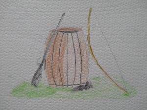 Arquebus and longbow leaning against a barrel of black powder.