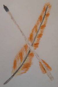 An arrow crossing a phoenix feather.