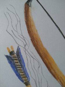 Drawing of a longbow with an arrow and strands of loose hair.